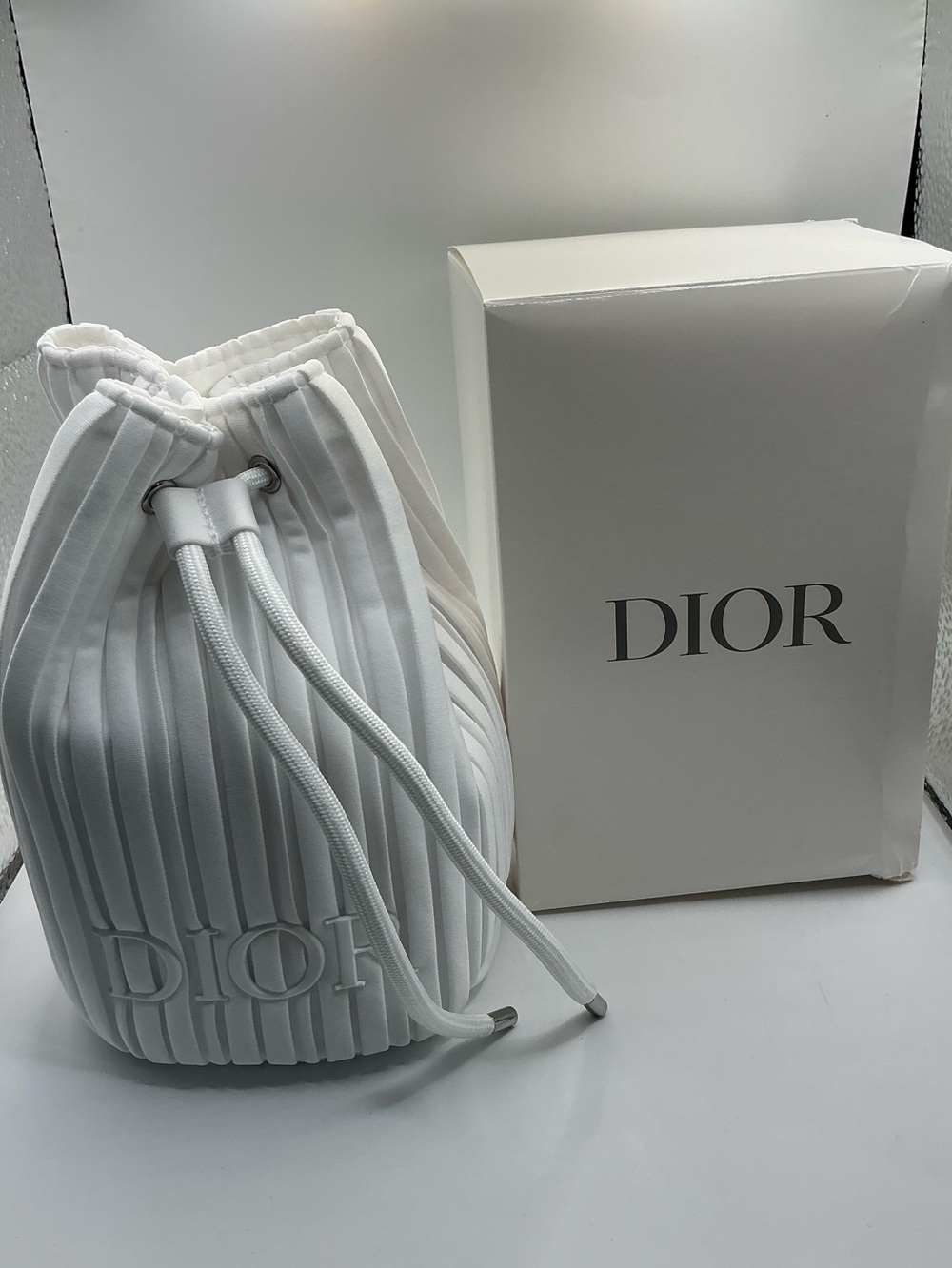 Dior White Pleated Drawstring Bucket Pouch